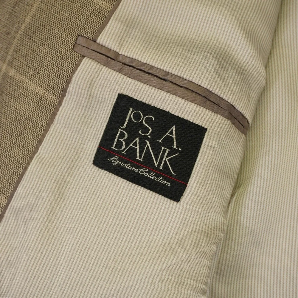 Jos A Bank Blazer Men 48R Tan Silk Linen Wool Windowpane Tailored Fit Sport Coat
